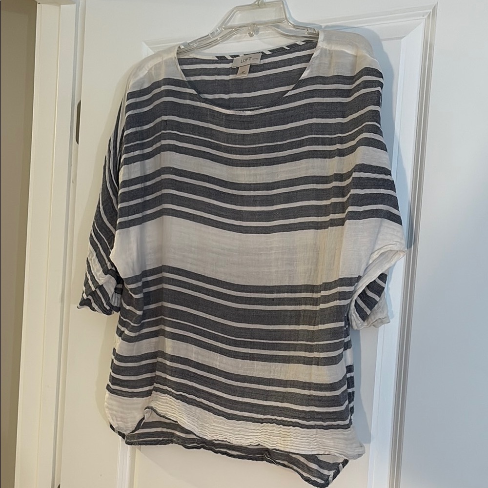 LOFT White and Blue 3/4 Sleeve Boxy Blouse